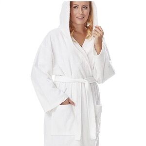 Arus Women's Full Length Hooded Thick Shawl Turkish Bathrobe, white - size L/XL